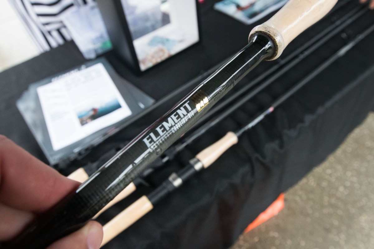Cashion Element Z2 fishing rods displayed on a rack.