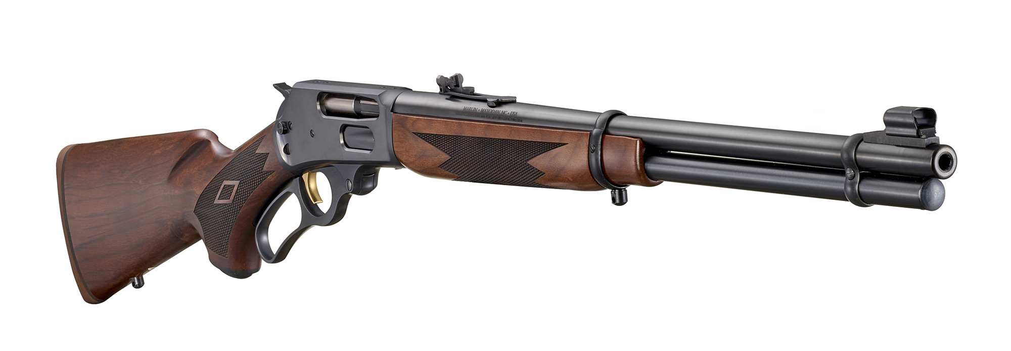 Classic Marlin Model 336 lever action rifle with wood stock.